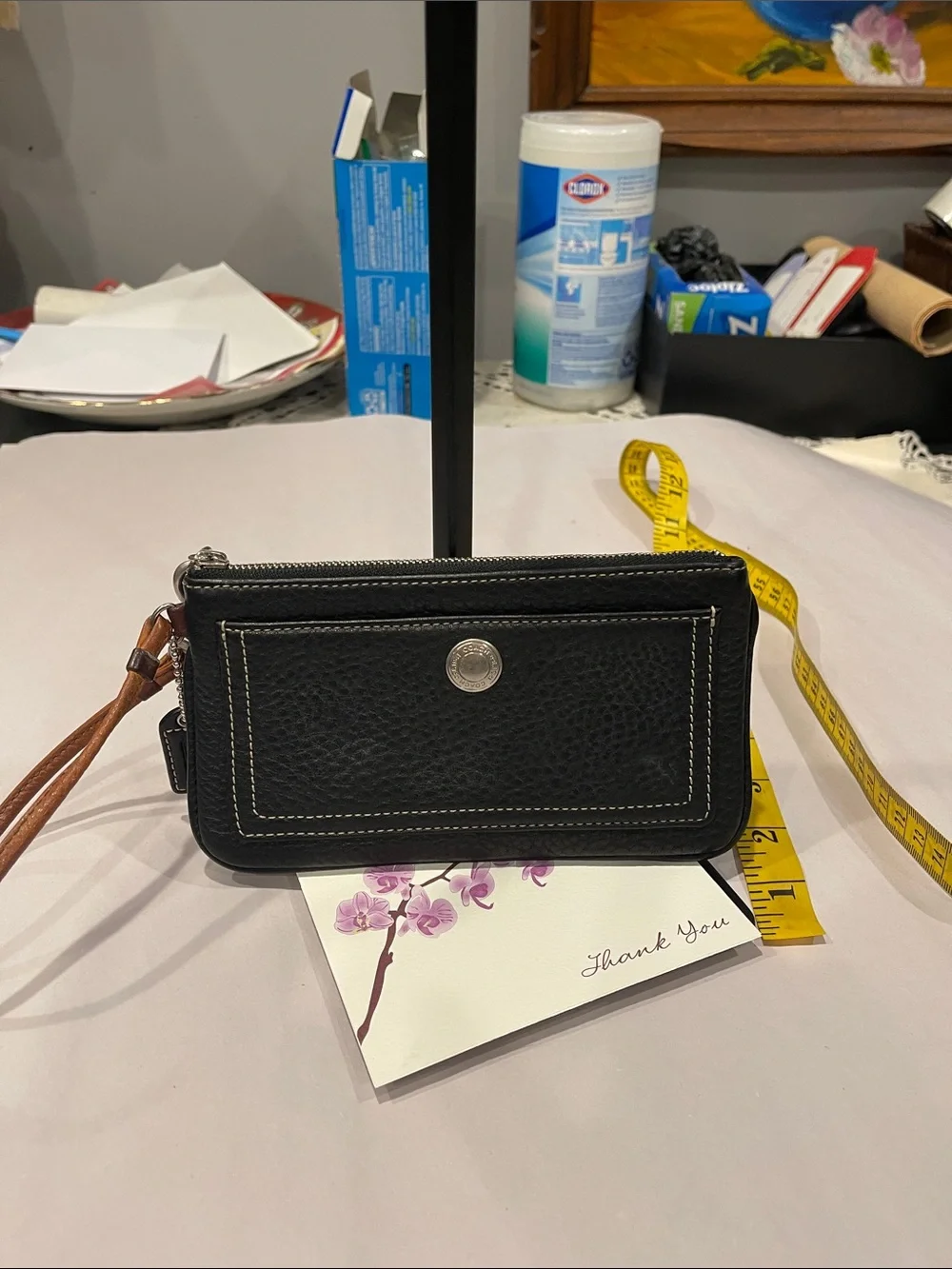 Coach Vintage Black Pebbled Leather Tan Strap Pouch Wallet Wristlet